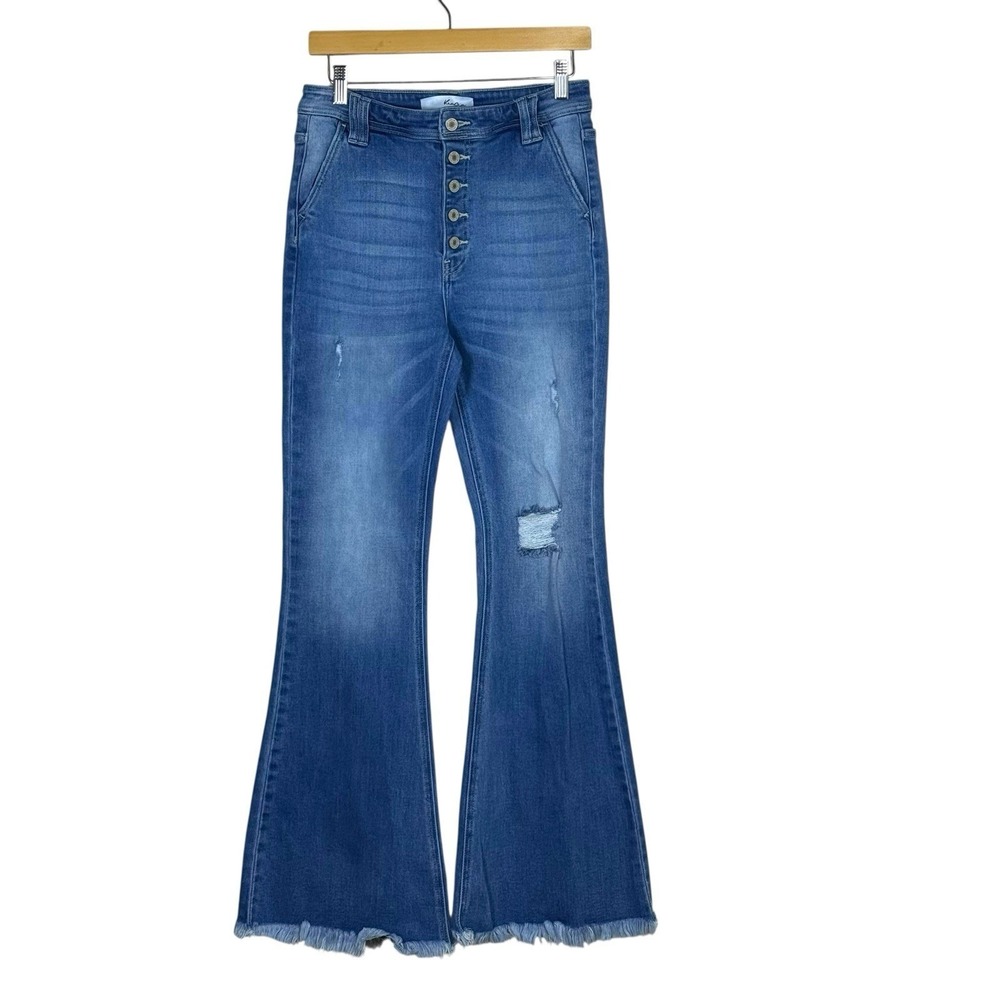 KanCan Women Flare Jeans 9/28 Blue Button Fly Distressed Raw Hem Boho Retro 70s